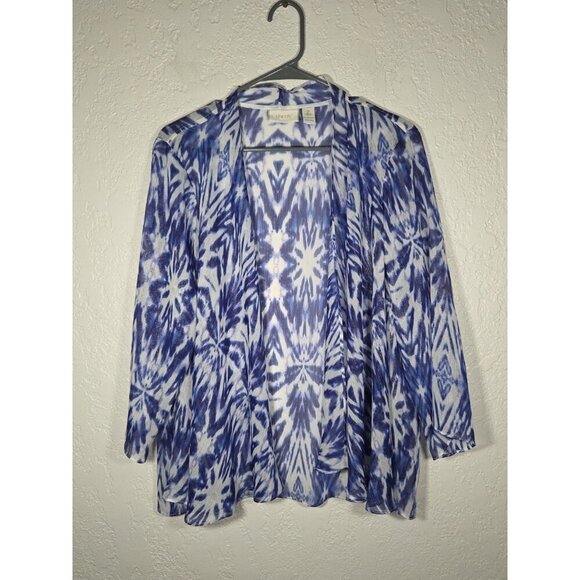 Chico's Cardigan Size 2 Large Sheer Open Front 3/4 Sleeves Blue White Metallic - Picture 1 of 4